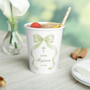 Elegant Green Bow Baptism Paper Cups