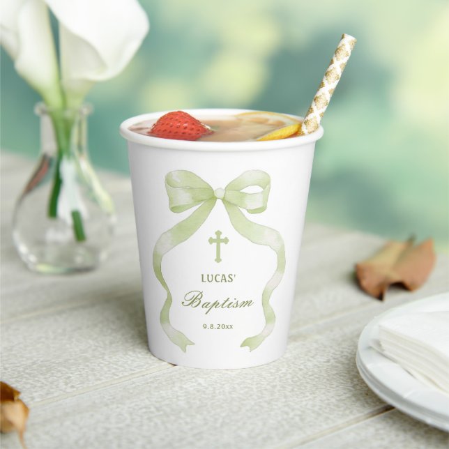 Elegant Green Bow Baptism Paper Cups (Insitu)