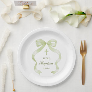Elegant Green Bow Baptism Paper Plates