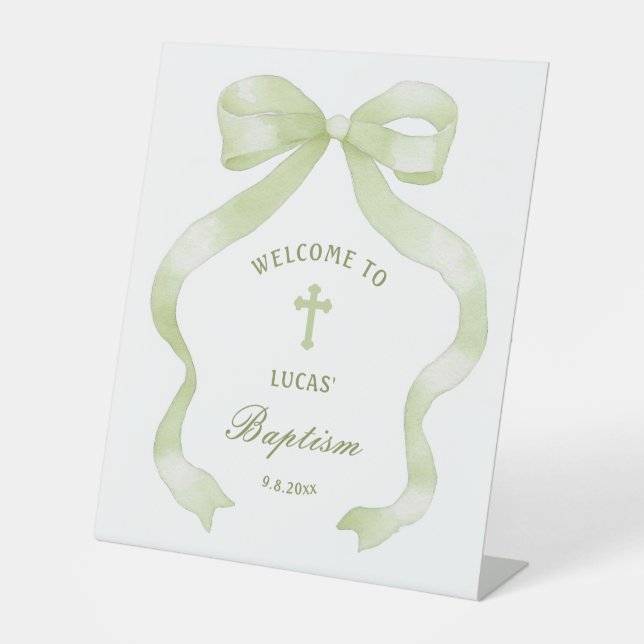 Elegant Green Bow Baptism Welcome Pedestal Sign (Front)