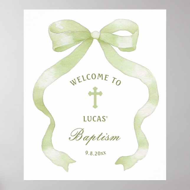 Elegant Green Bow Baptism Welcome Poster (Front)