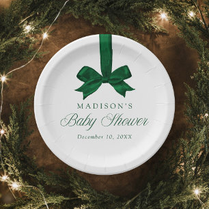 Elegant Green Bow Christmas Baby Shower Paper Plates
