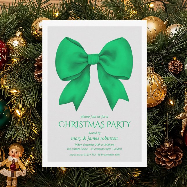 Elegant Green Bow Christmas Holiday Party  Invitation (Elegant Green Bow Christmas Holiday Party Invitation)