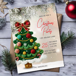 Elegant Green Bow Christmas Tree Holiday Party Invitation