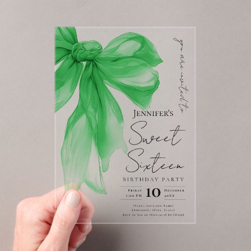 Elegant Green Bow Coquette Script Sweet 16 Party