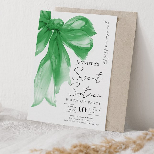 Elegant Green Bow Coquette Script Sweet 16 Party  Invitation (Elegant Green Bow Coquette Script Sweet 16 Party Invitation)