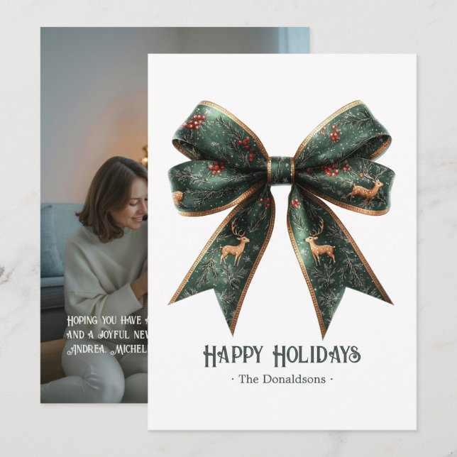 Elegant Green Bow Holiday Photo Holiday Card (Front/Back)