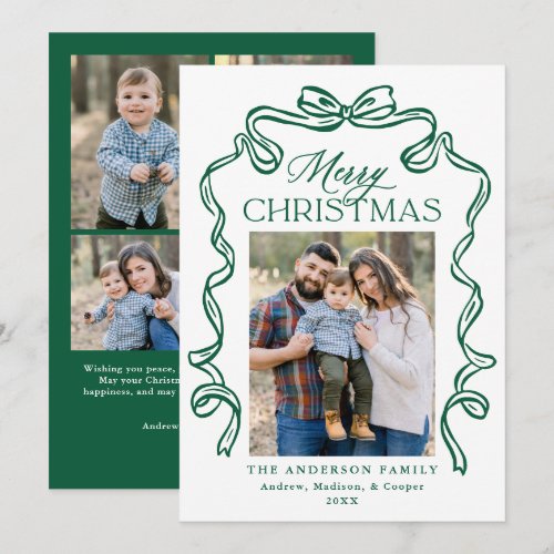 Elegant Green Bow Merry Christmas 5 Photo Holiday Card