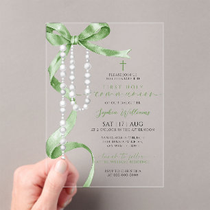 Elegant Green Bow & Rosary First Holy Communion Acrylic Invitations