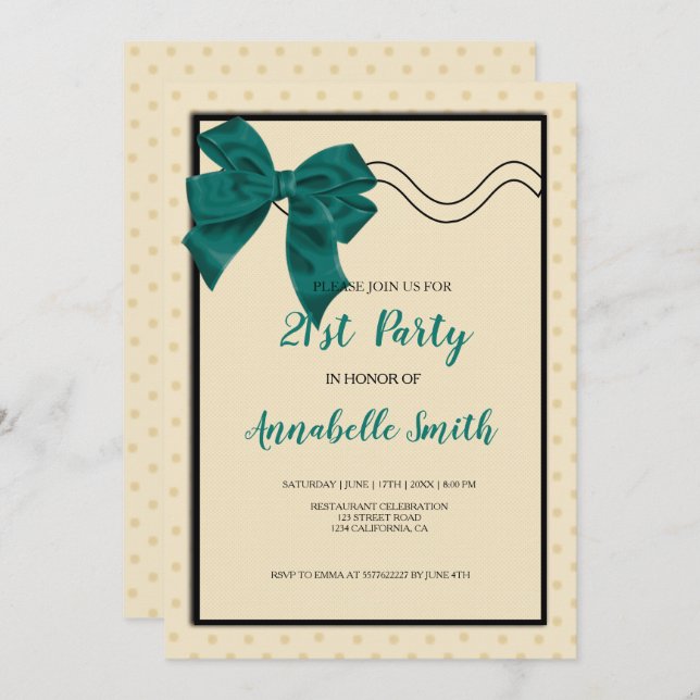 elegant green bow sweet 21st invitation (Front/Back)