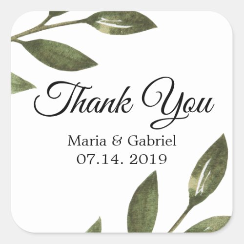 Elegant green branches Airy Wedding Thank You Square Sticker