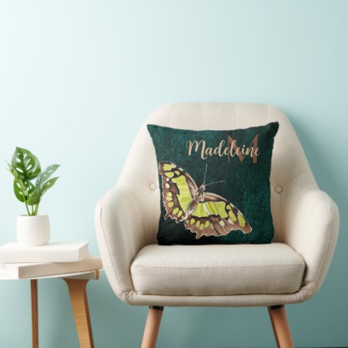 Elegant Green Brown Fantasy Butterfly Art Deco Throw Pillow