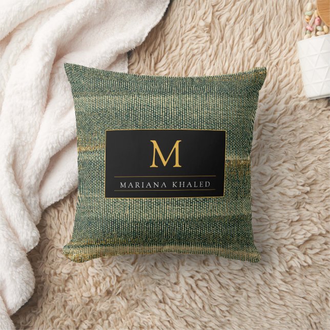 Elegant Green Brush with gold and black Monogram Throw Pillow (Blanket)