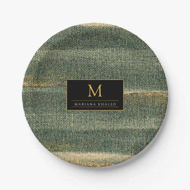 Elegant Green Brush with gold and black  Paper Plates (Front)