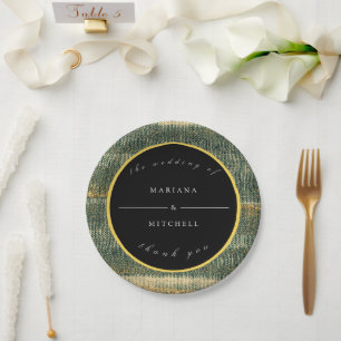 Elegant Green Brush with gold and black Round Paper Plates