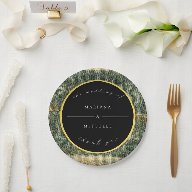 Elegant Green Brush with gold and black  Round   Paper Plates (Wedding)
