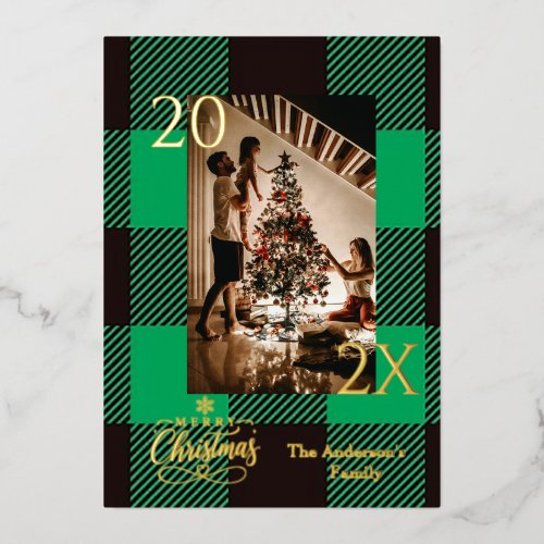 Elegant Green Buffalo Plaid Christmas Photo Foil Holiday Card