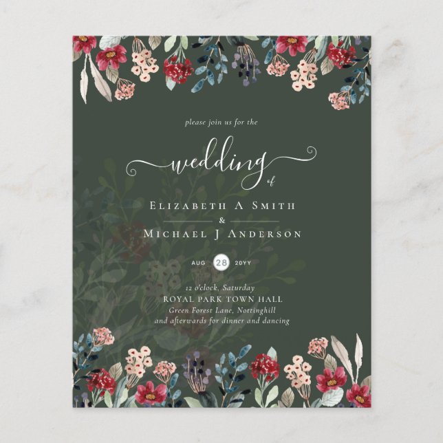 Elegant Green Burgundy Blue Floral Wedding Flyer (Front)