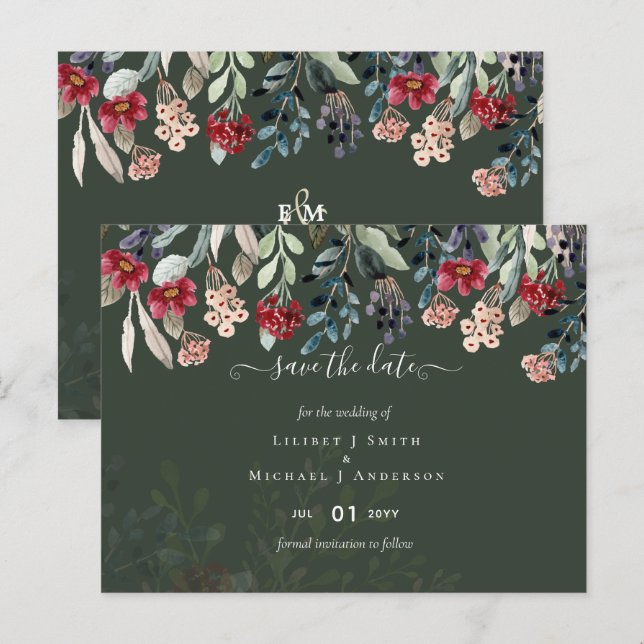 Elegant Green Burgundy Blue Floral Wedding Postcard (Front/Back)