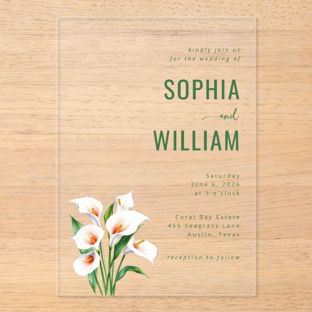 Elegant Green Calla Lilies Acrylic Invitations (Front)