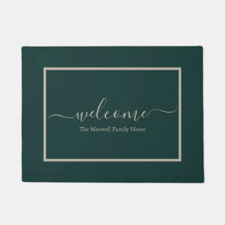 Elegant green calligraphy family name welcome     doormat