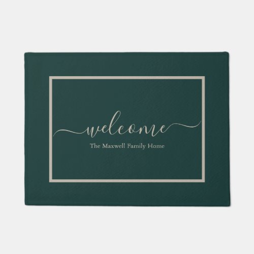 Elegant green calligraphy family name welcome     doormat