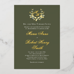 Elegant Green Calligraphy Gold Monogram Wedding Foil Invitation