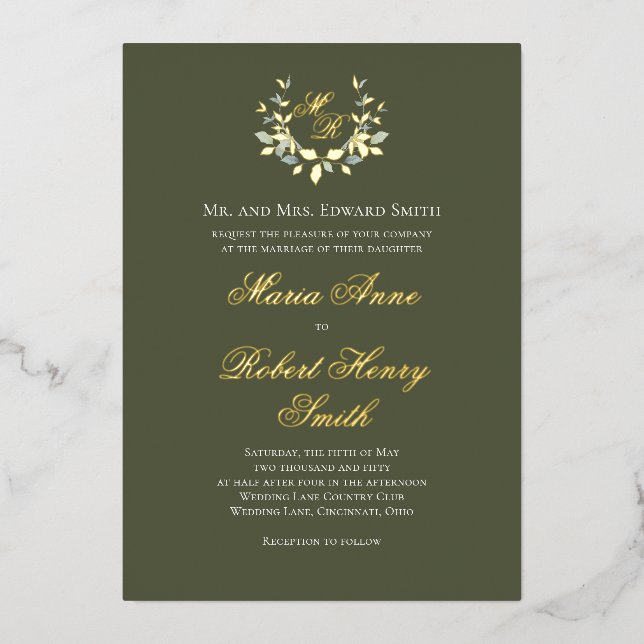 Elegant Green Calligraphy Gold Monogram Wedding Foil Invitation (Front)