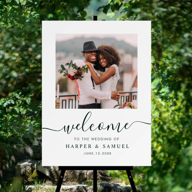 Elegant Green Calligraphy Photo Wedding Welcome Foam Board (Creator Uploaded)