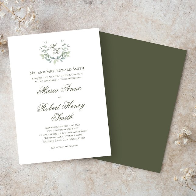 Elegant Green Calligraphy Script Monogram Wedding Invitation (Elegant green monogram and greenery motif wedding invitations. )