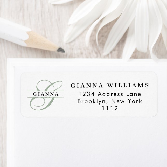 Elegant Green Calligraphy Split Monogram Address Label (Insitu)