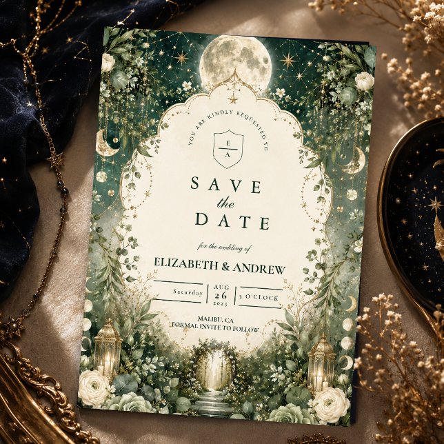 Elegant Green Celestial Wedding Save The Date (Creator Uploaded)