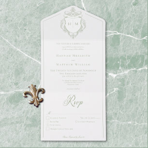 Elegant Green Chinoiserie Bird Crest Wedding All In One Invitation