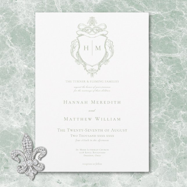 Elegant Green Chinoiserie Bird & Crest Wedding Invitation (Elegant Green Chinoiserie Bird & Crest Wedding Invitation)