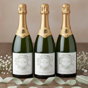 Elegant Green Chinoiserie Bird Crest Wedding Sparkling Wine Label
