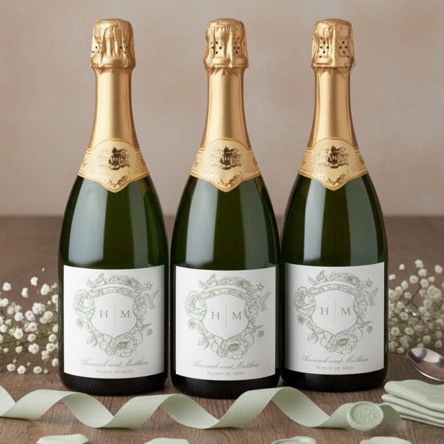 Elegant Green Chinoiserie Bird Crest Wedding Sparkling Wine Label (Creator Uploaded)