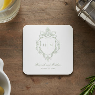 Elegant Green Chinoiserie Bird Crest Wedding Square Paper Coaster