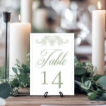 Elegant Green Chinoiserie Bird Crest Wedding Table Number<br><div class="desc">Elevate your special day with our elegant, vintage Baroque-style wedding table number card, a masterpiece of timeless elegance. Featuring a delicate French sage green border with a delicate line art filigree ornament on a pristine white background, this design exudes classic charm and sophistication. Its simplicity highlights its refined details, creating...</div>