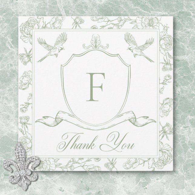 Elegant Green Chinoiserie Bird & Crest Wedding Thank You Card (Elegant Green Chinoiserie Bird & Crest Wedding Thank You Card)
