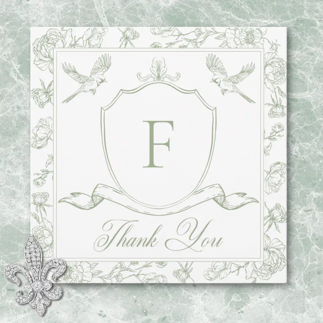 Elegant Green Chinoiserie Bird & Crest Wedding Thank You Card | Zazzle