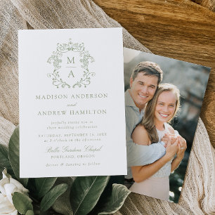 Elegant Green Chinoiserie Floral Photo Wedding Invitation