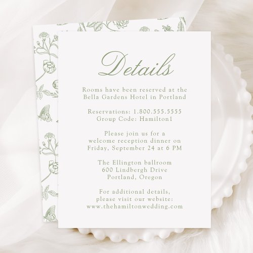 Elegant Green Chinoiserie Floral Wedding Details Enclosure Card