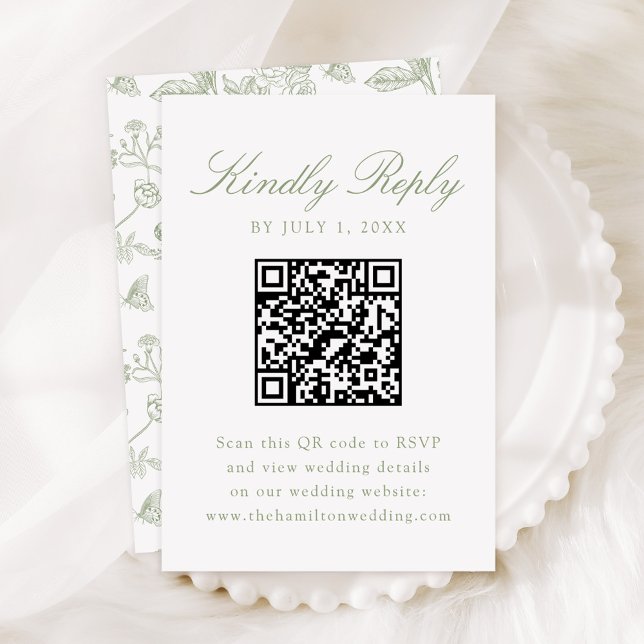 Elegant Green Chinoiserie Floral Wedding QR Code RSVP Card (Creator Uploaded)