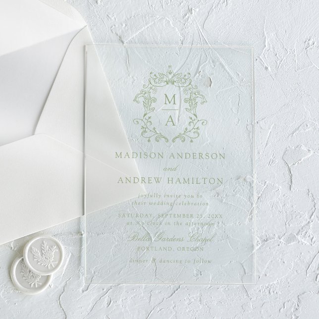 Elegant Green Chinoiserie Victorian Floral Wedding Acrylic Invitations (Creator Uploaded)