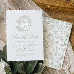Elegant Green Chinoiserie Victorian Floral Wedding Save The Date<br><div class="desc">Announce your upcoming wedding to friends and family with this Elegant Sage Green Chinoiserie Victorian Floral save the date. This design displays your monogram initials surrounded by a crest of intricate sage green chinoiserie and baroque motifs. "Save the Date" is featured in a sage green calligraphy script with your wedding...</div>