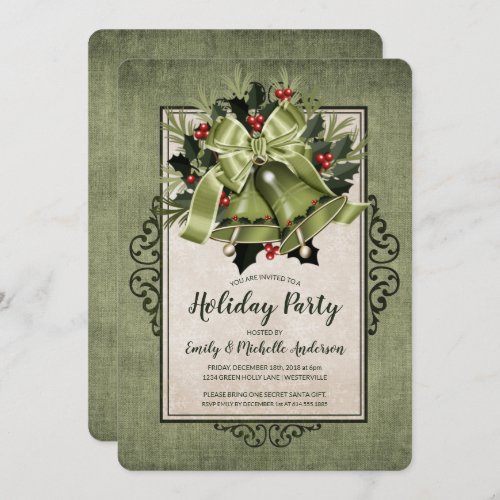 Elegant Green Christmas Bells Holiday Party Invitation