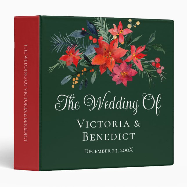 Elegant Green Christmas Floral Photo Album Wedding 3 Ring Binder (Front/Spine)