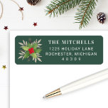 Elegant Green Christmas Greenery Return Address Label<br><div class="desc">Elegant Christmas address labels feature a simple watercolor winter greenery arrangement with green holly leaves,  red berries,  gray eucalyptus branches,  and pine sprigs. Personalize with your family's last name and return address text. Includes red,  green,  and neutral taupe gray colors on a dark hunter green background.</div>