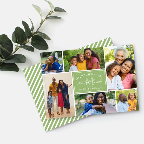 Elegant Green Christmas Monogram Photo Collage Holiday Card