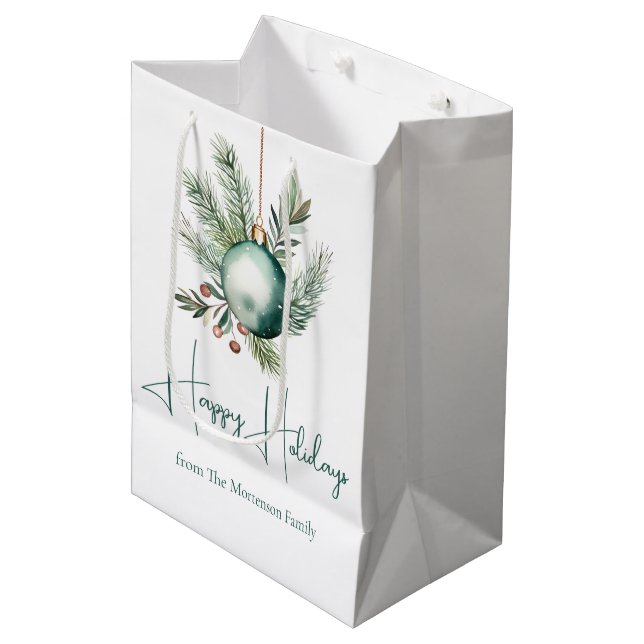 Elegant Green Christmas Ornament Custom Holiday Medium Gift Bag (Front Angled)